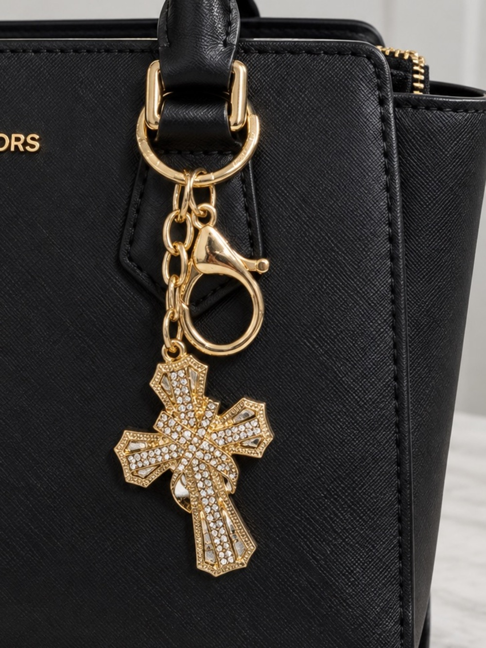 Gold tone clear rhinestones cross purse charm keychain
